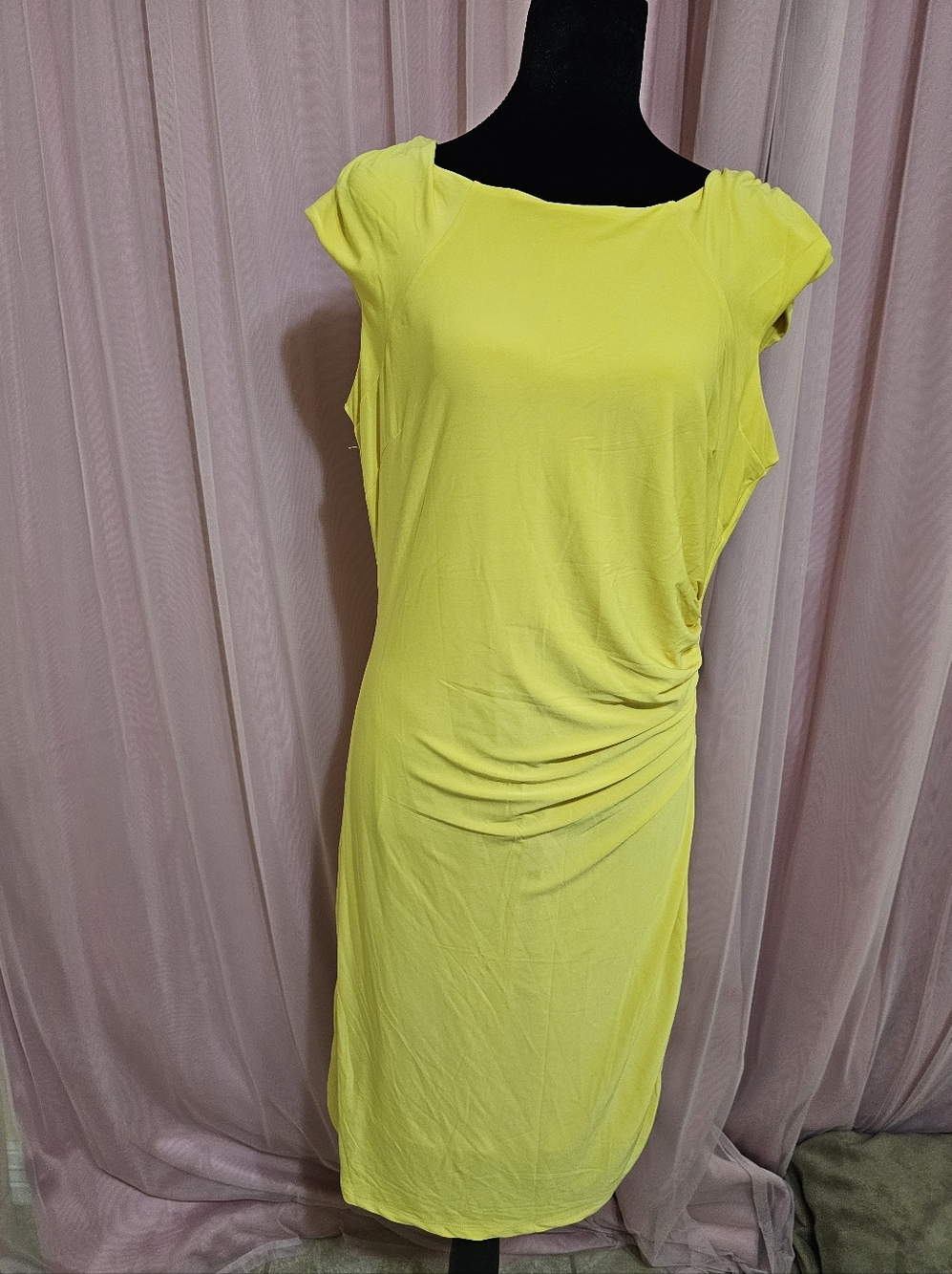 Catherine Malandrino Neon Yellow Ruched Side Cap-Sleeve Midi Dress